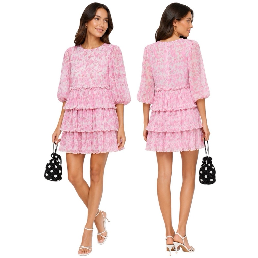 Ganni Pink Floral Plissé Georgette Tiered Mini Dress Sz 38 US 6 Medium